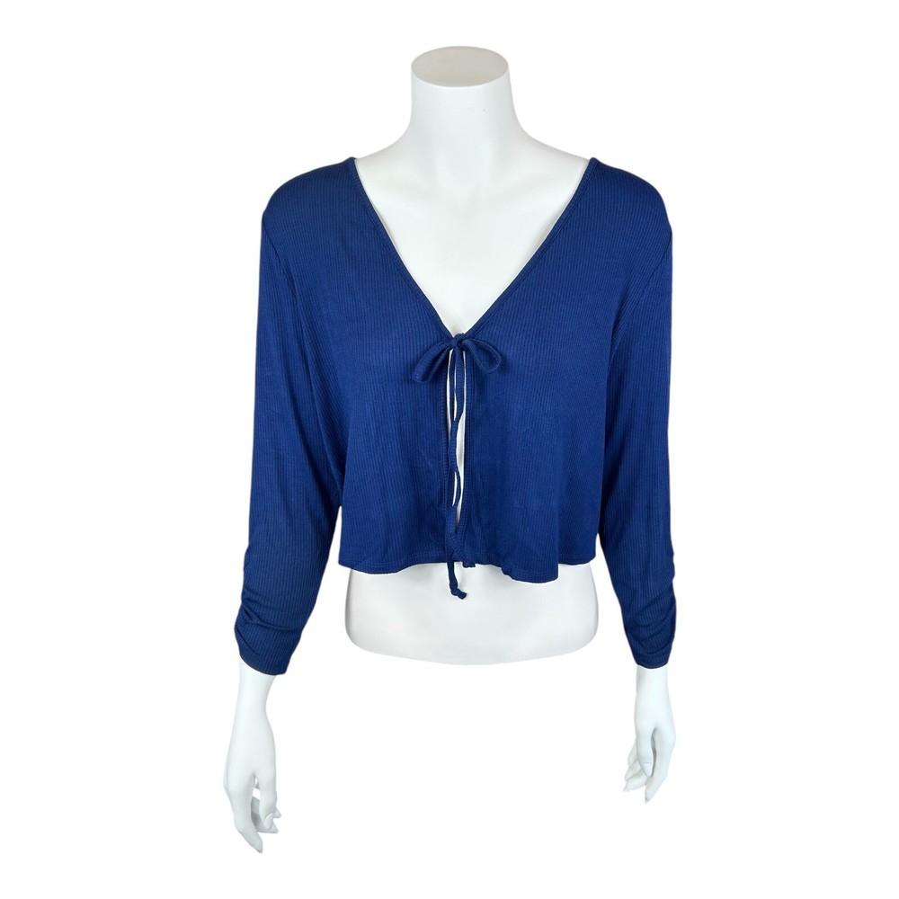Truth + Style Women's Knit Tie Front Cropped Cardigan Solid Navy Medium Size
